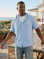 Men's Casual Resort Pleated Hooded Button-down Short Sleeve Shirt