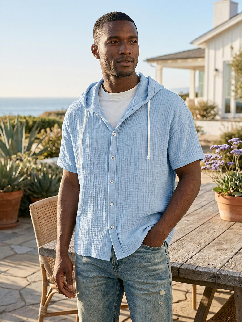 Men's Casual Resort Pleated Hooded Button-down Short Sleeve Shirt