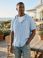 Men's Casual Resort Pleated Hooded Button-down Short Sleeve Shirt