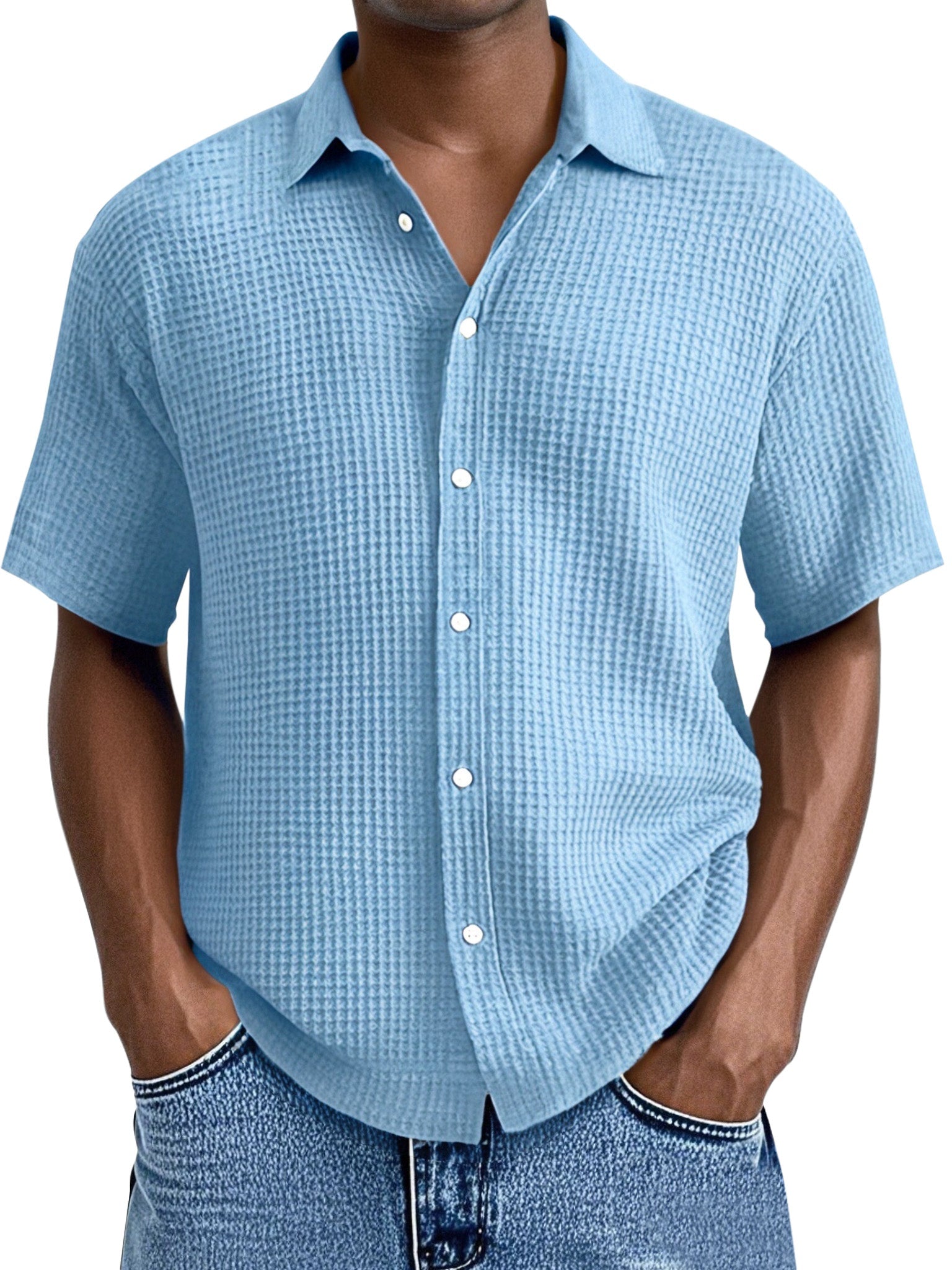 Men's Everyday Loose Waffle Textured Lapel Button-down Short Sleeve Shirt