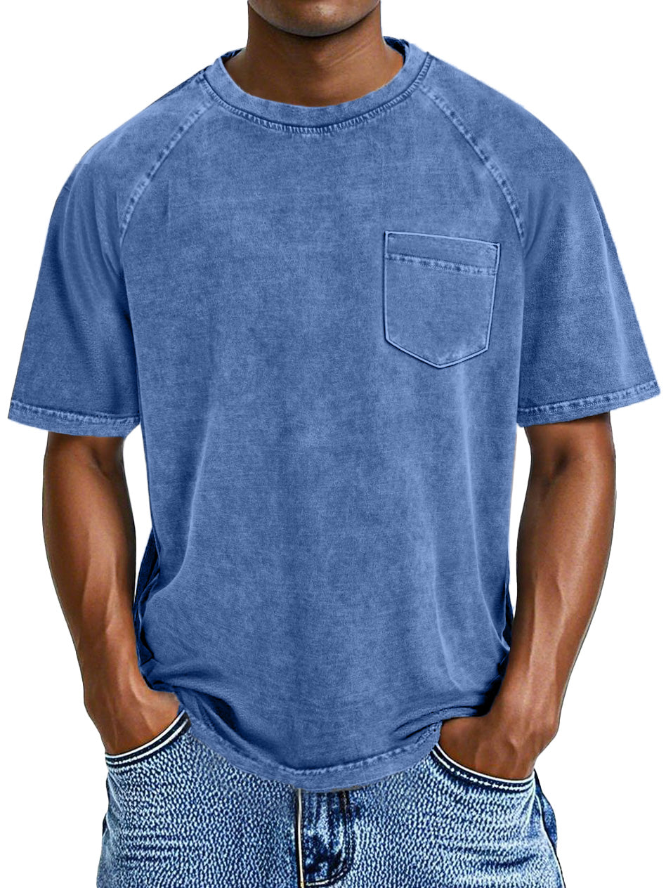 Men's Retro Casual Solid Color Pocket Raglan Short Sleeve T-shirt