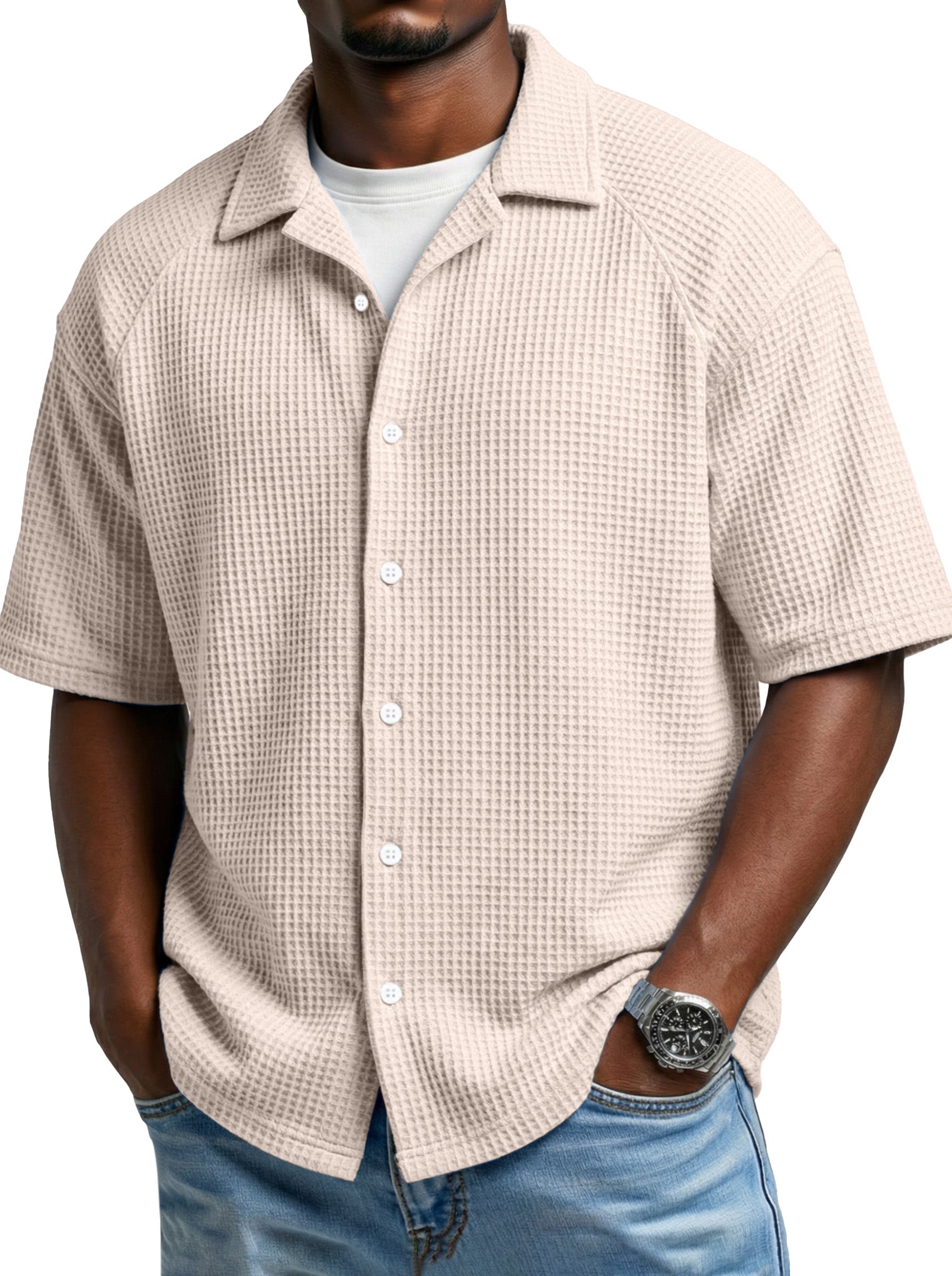 Men's Simple Daily Waffled Raglan Sleeve Lap Short Sleeve Shirt