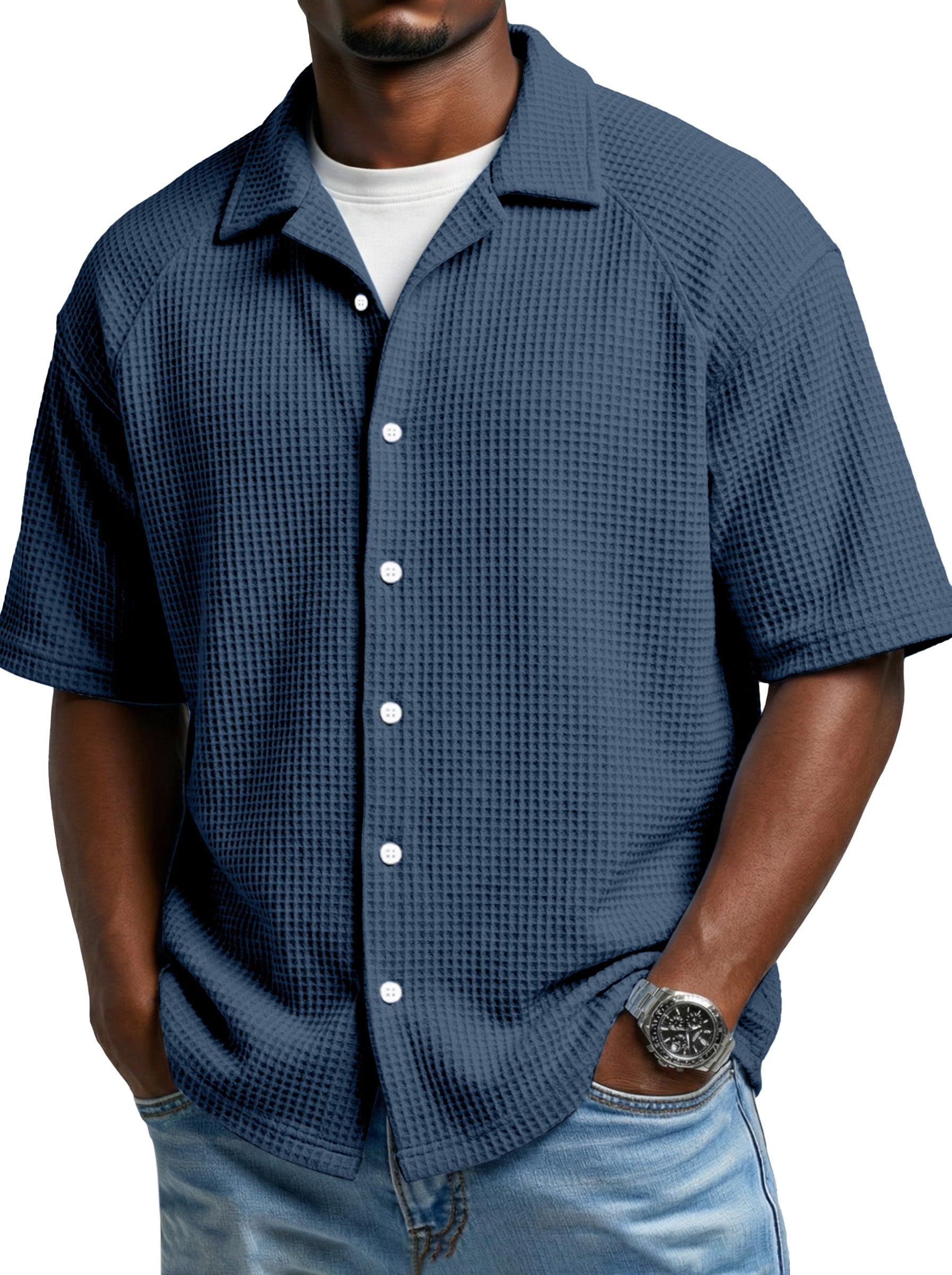 Men's Simple Daily Waffled Raglan Sleeve Lap Short Sleeve Shirt