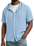 Men's Casual Resort Pleated Hooded Button-down Short Sleeve Shirt