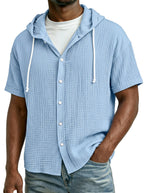Men's Casual Resort Pleated Hooded Button-down Short Sleeve Shirt