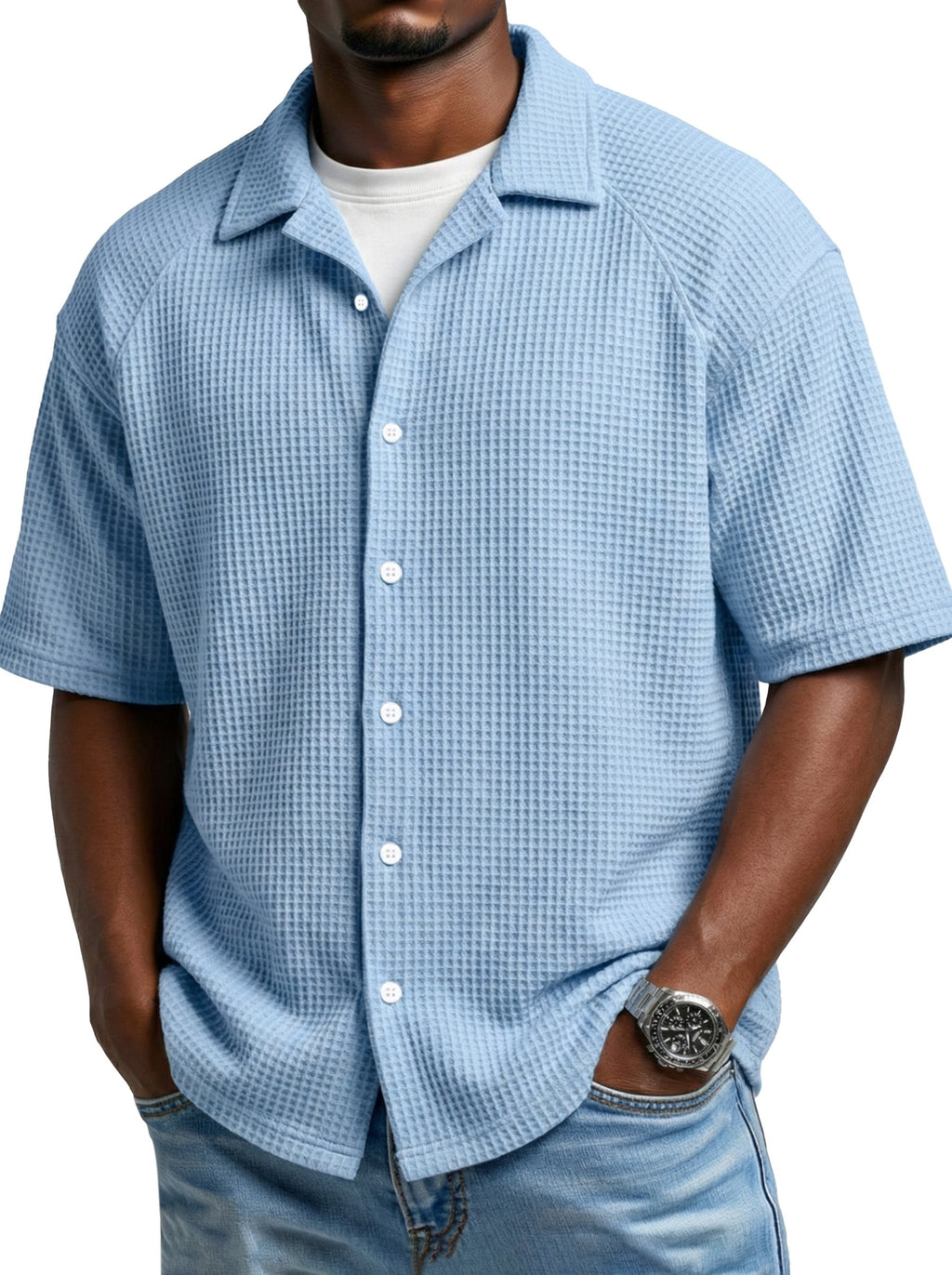 Men's Simple Daily Waffled Raglan Sleeve Lap Short Sleeve Shirt