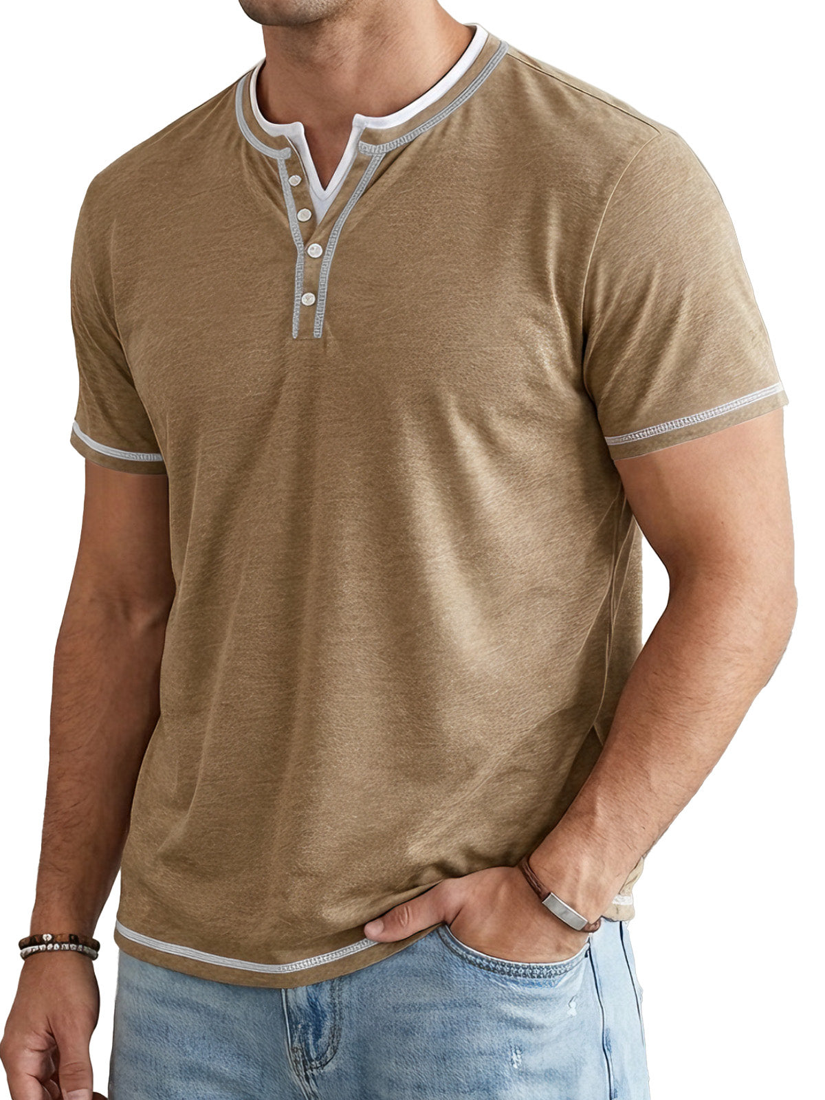 Men's Short Sleeve Color Block Fake Two Piece Henley Shirt