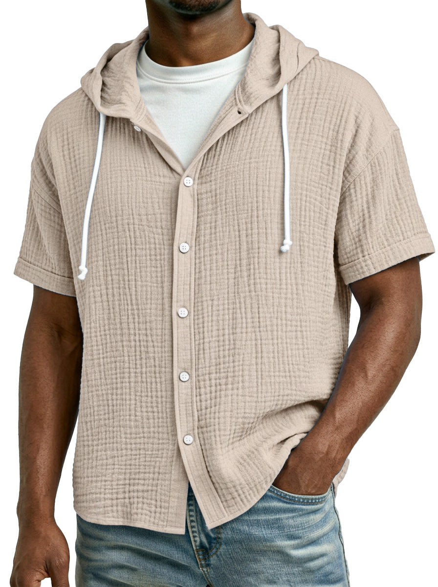 Men's Casual Resort Pleated Hooded Button-down Short Sleeve Shirt
