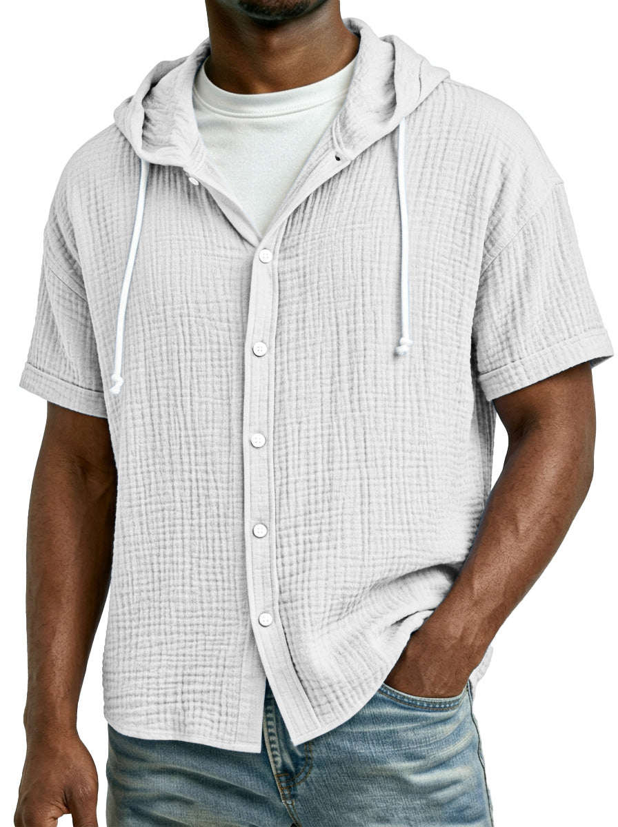 Men's Casual Resort Pleated Hooded Button-down Short Sleeve Shirt