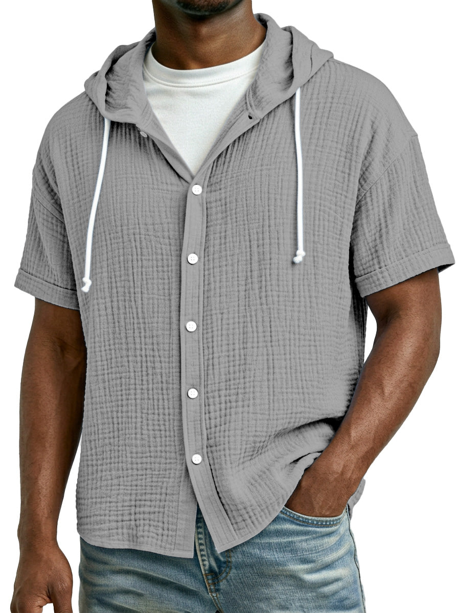 Men's Casual Resort Pleated Hooded Button-down Short Sleeve Shirt
