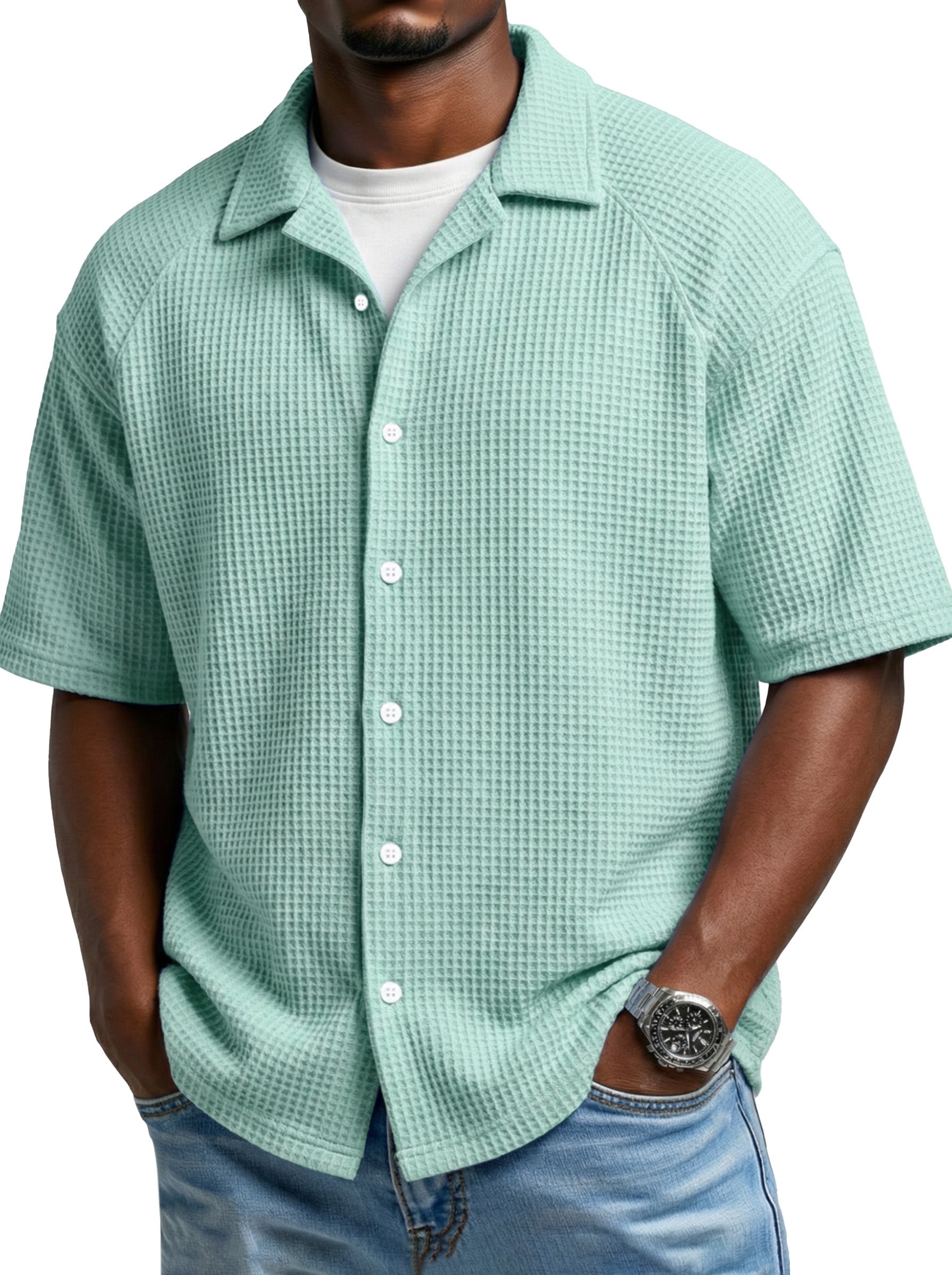 Men's Simple Daily Waffled Raglan Sleeve Lap Short Sleeve Shirt