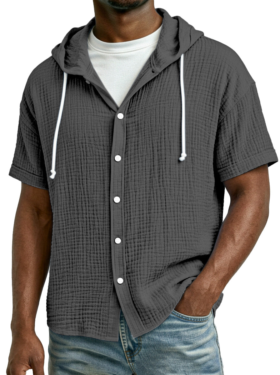 Men's Casual Resort Pleated Hooded Button-down Short Sleeve Shirt