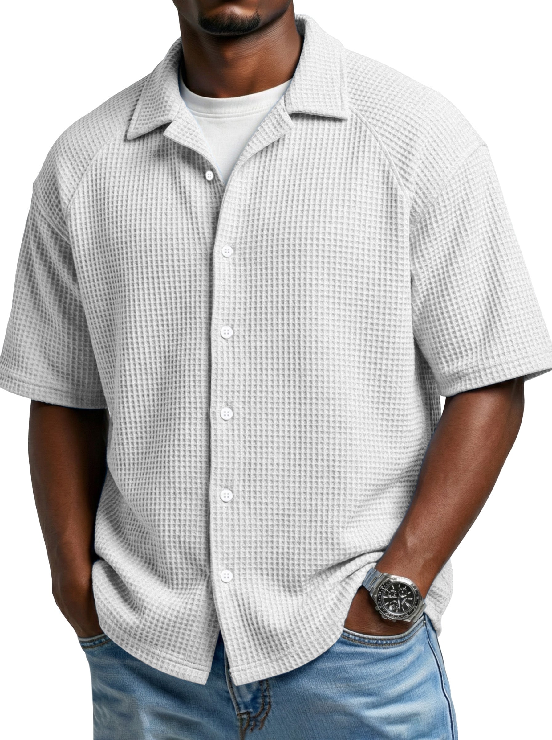 Men's Simple Daily Waffled Raglan Sleeve Lap Short Sleeve Shirt