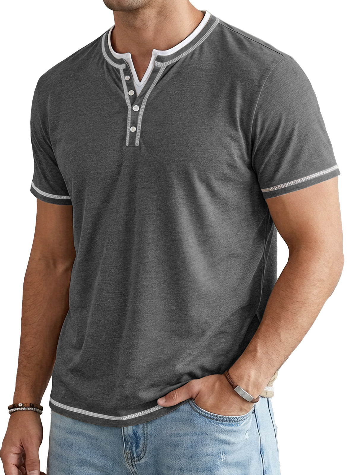 Men's Short Sleeve Color Block Fake Two Piece Henley Shirt