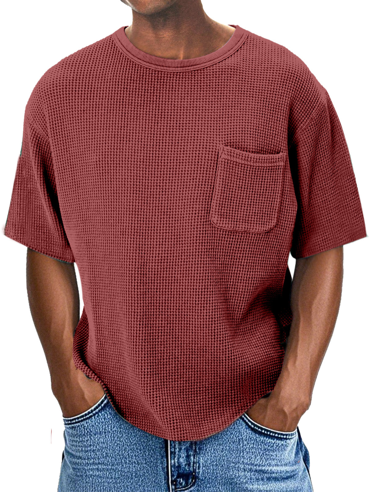 Men's Casual Daily Comfortable Loose Waffle Pocket Short Sleeve T-shirt