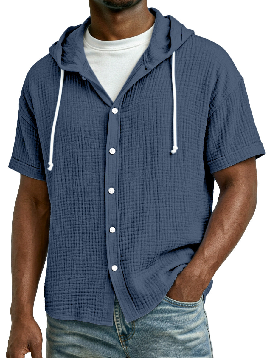 Men's Casual Resort Pleated Hooded Button-down Short Sleeve Shirt