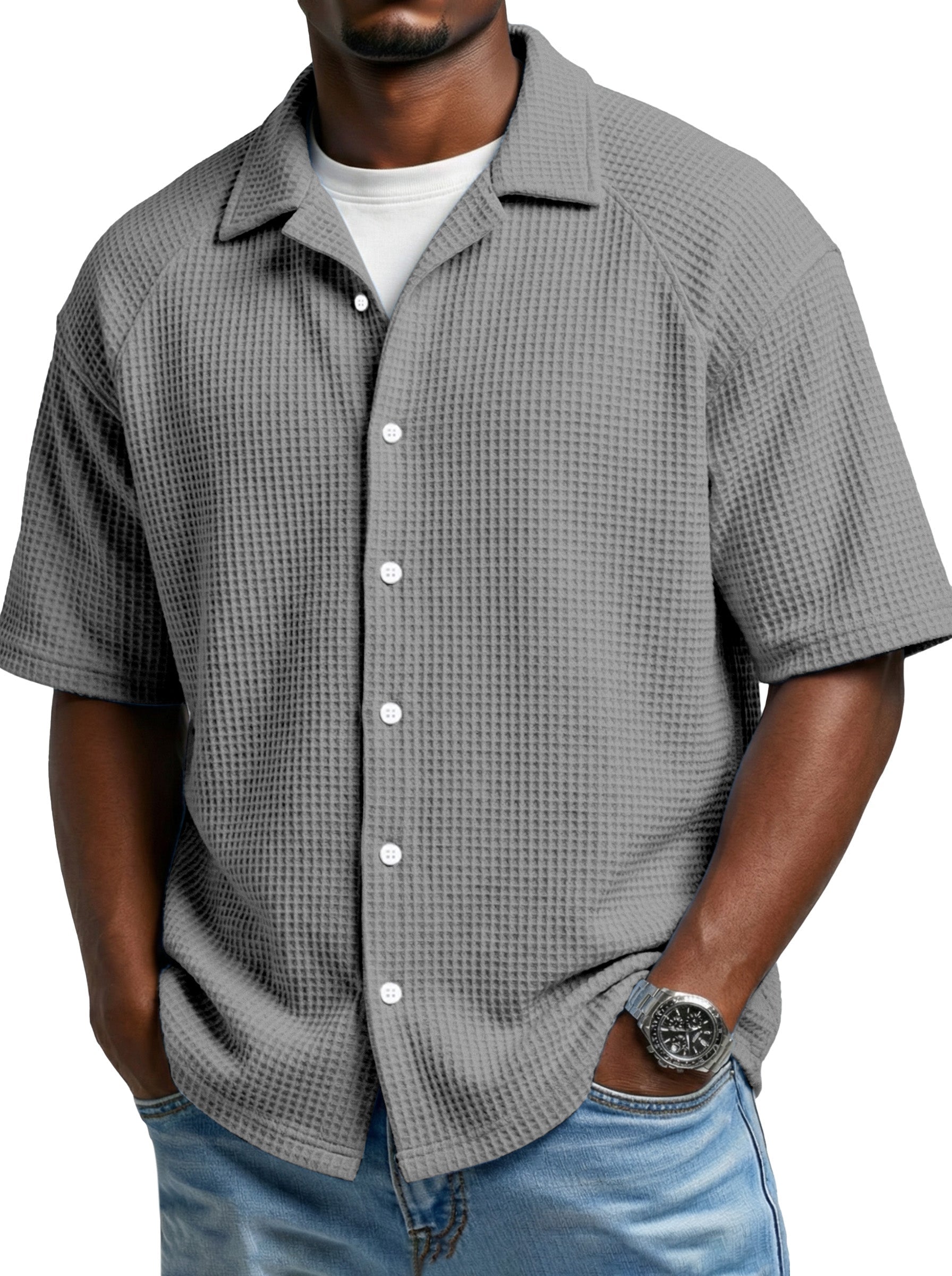 Men's Simple Daily Waffled Raglan Sleeve Lap Short Sleeve Shirt
