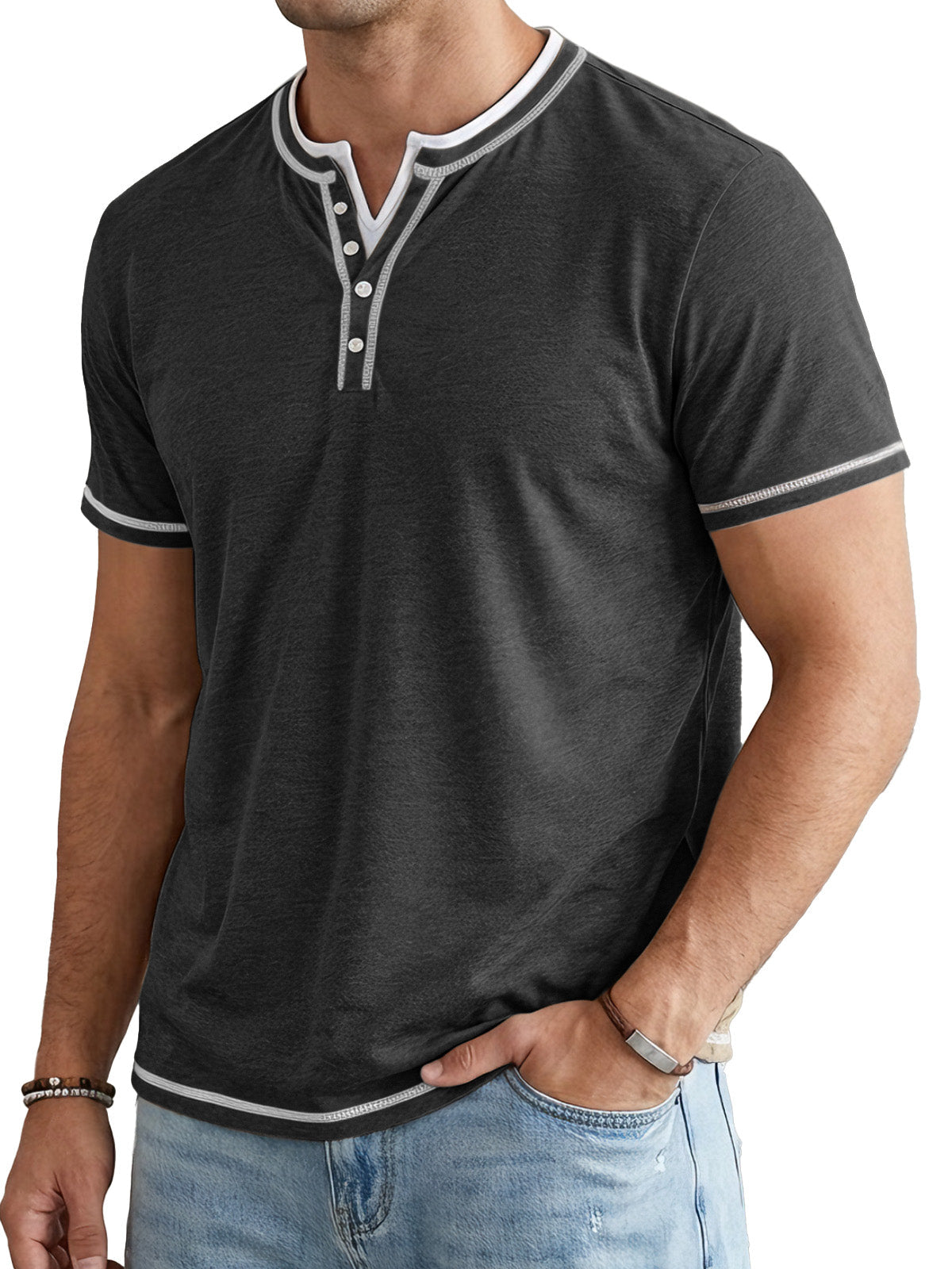 Men's Short Sleeve Color Block Fake Two Piece Henley Shirt