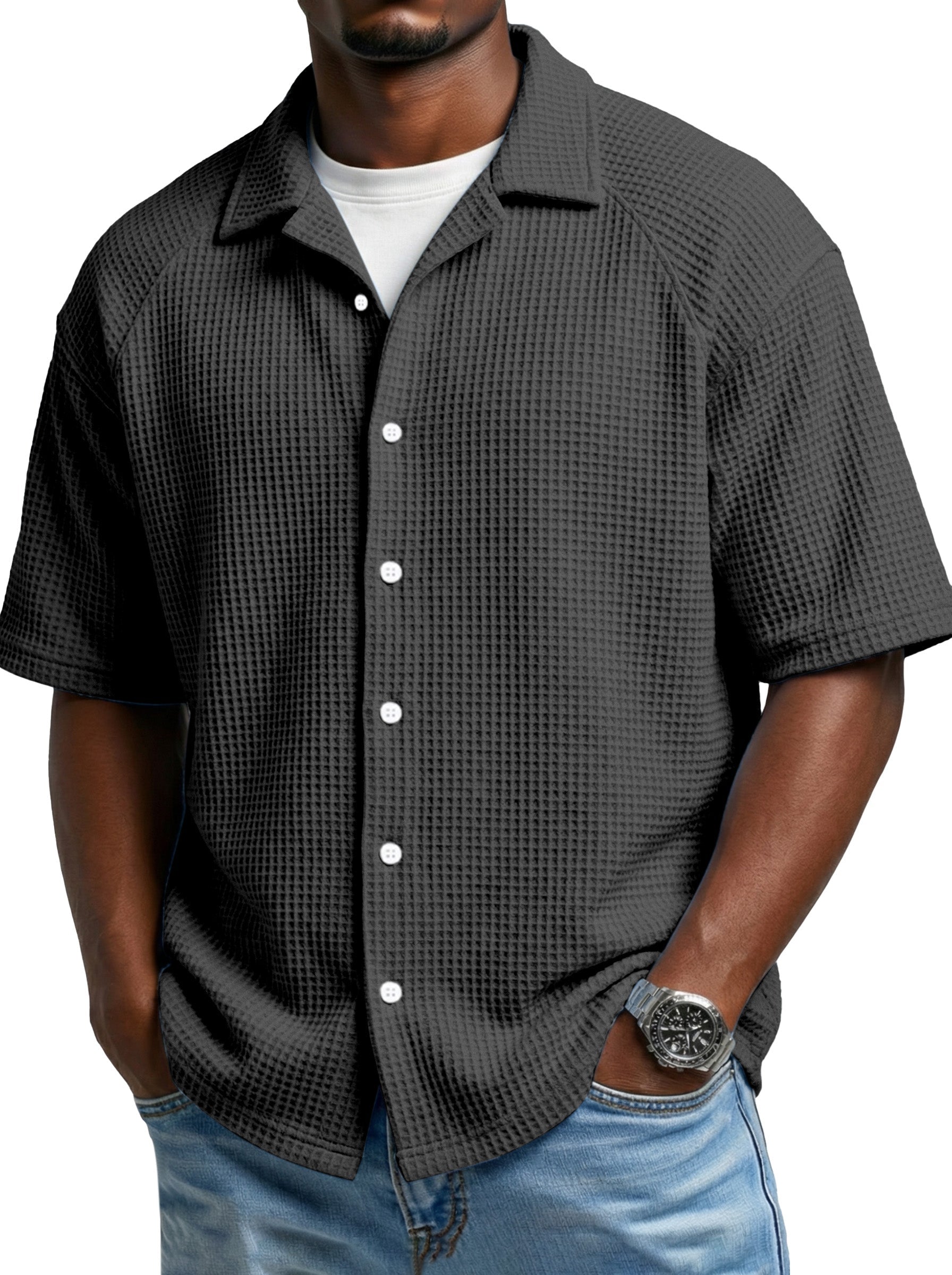 Men's Simple Daily Waffled Raglan Sleeve Lap Short Sleeve Shirt