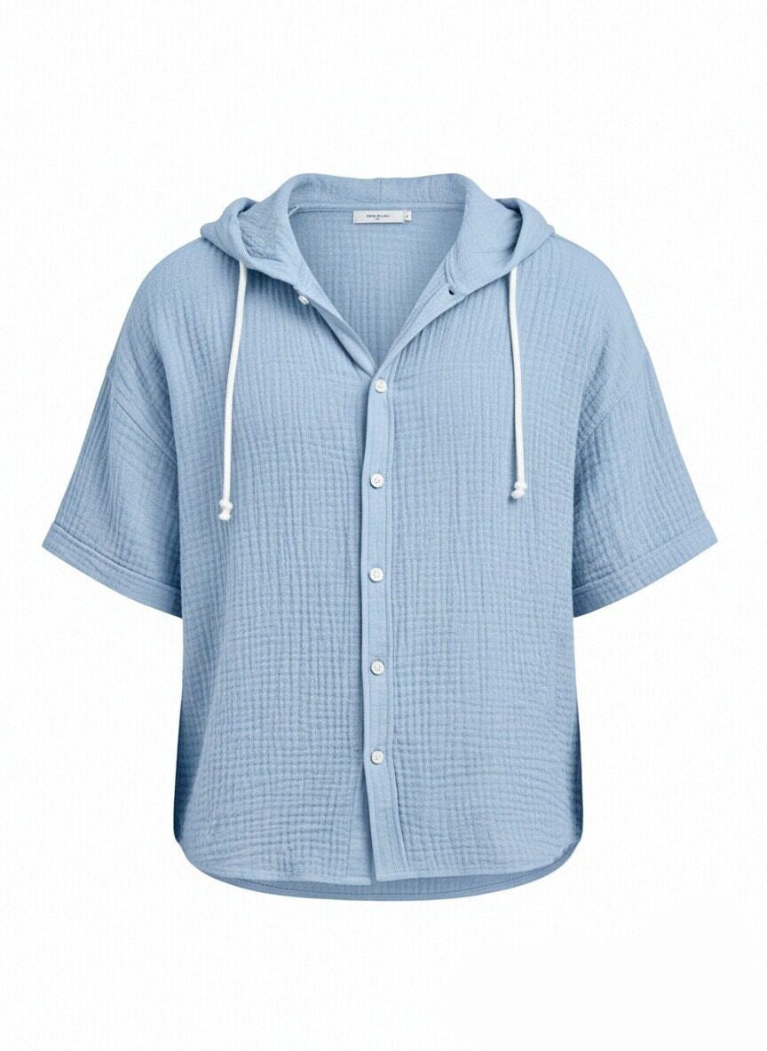Men's Casual Resort Pleated Hooded Button-down Short Sleeve Shirt