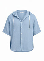 Men's Casual Resort Pleated Hooded Button-down Short Sleeve Shirt