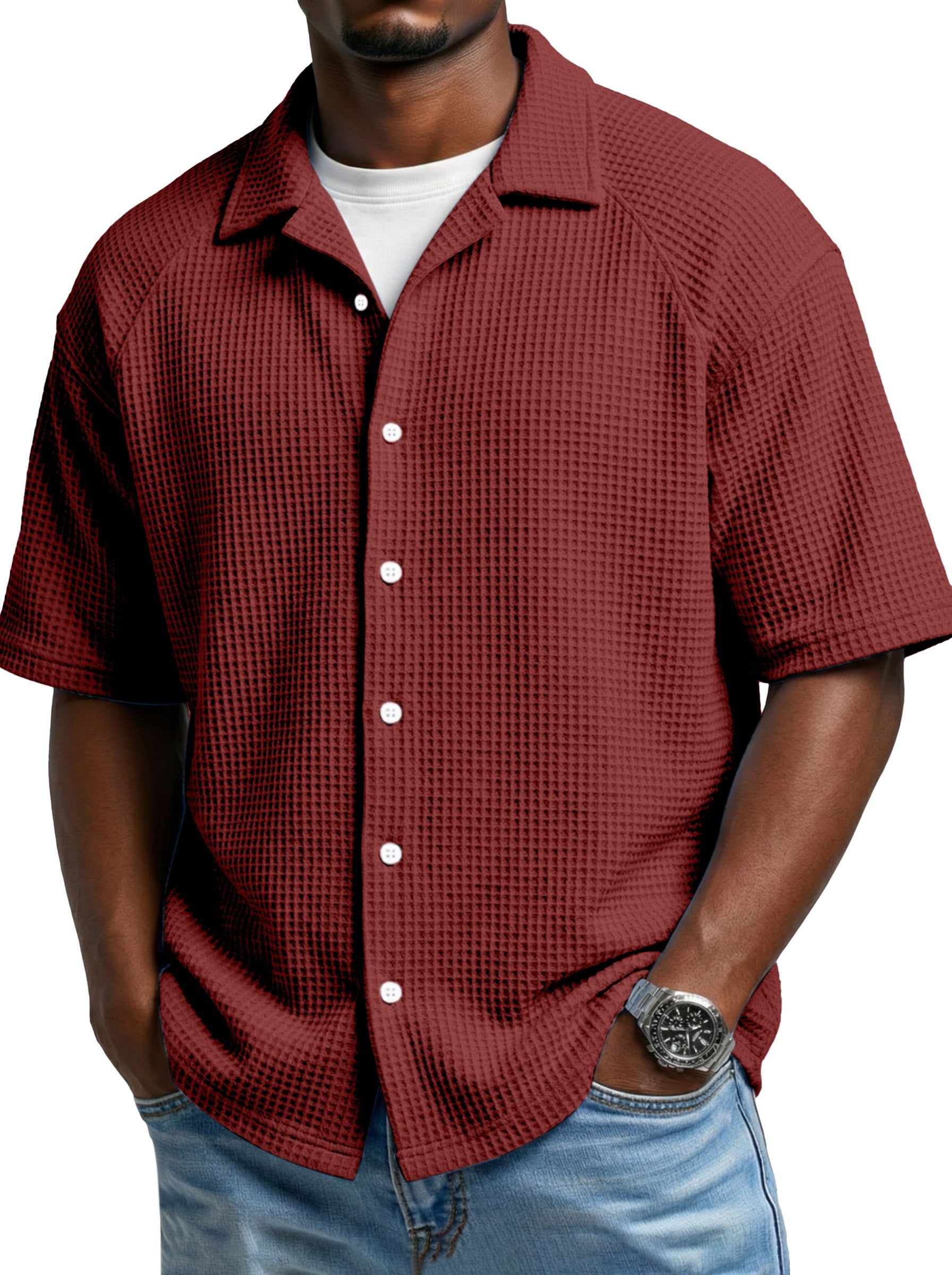 Men's Simple Daily Waffled Raglan Sleeve Lap Short Sleeve Shirt