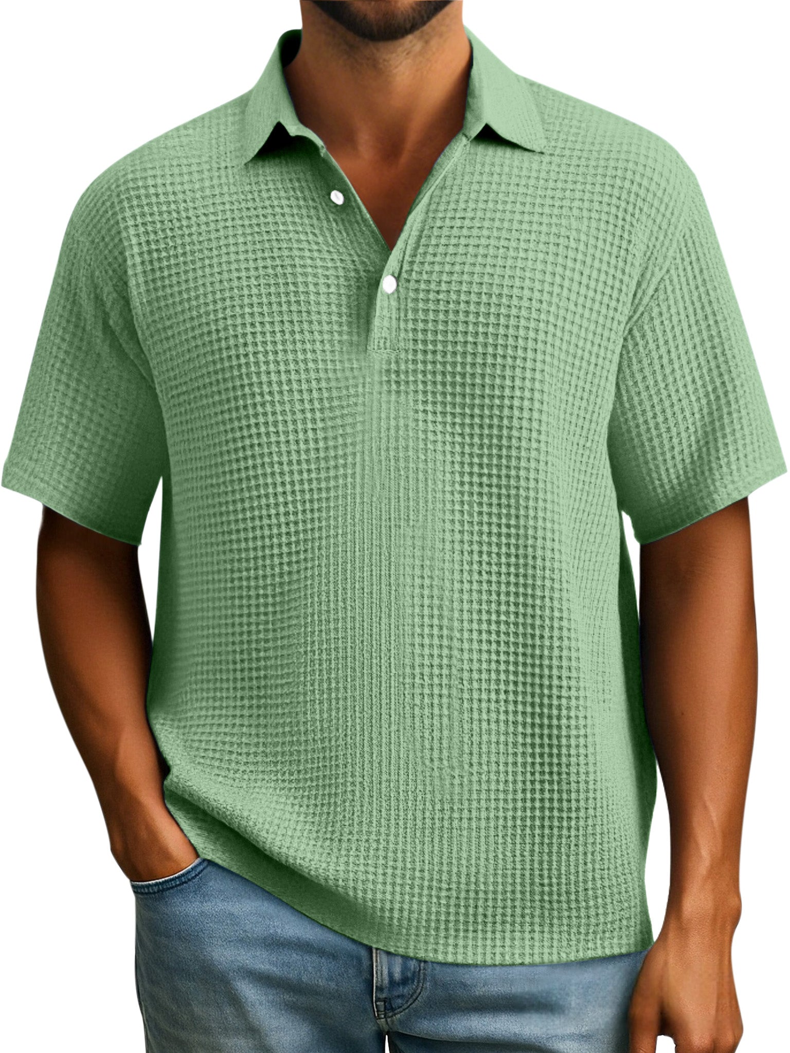 Men's Simple Everyday Solid Color Waffle Button Lapel Short Sleeve Polo Shirt