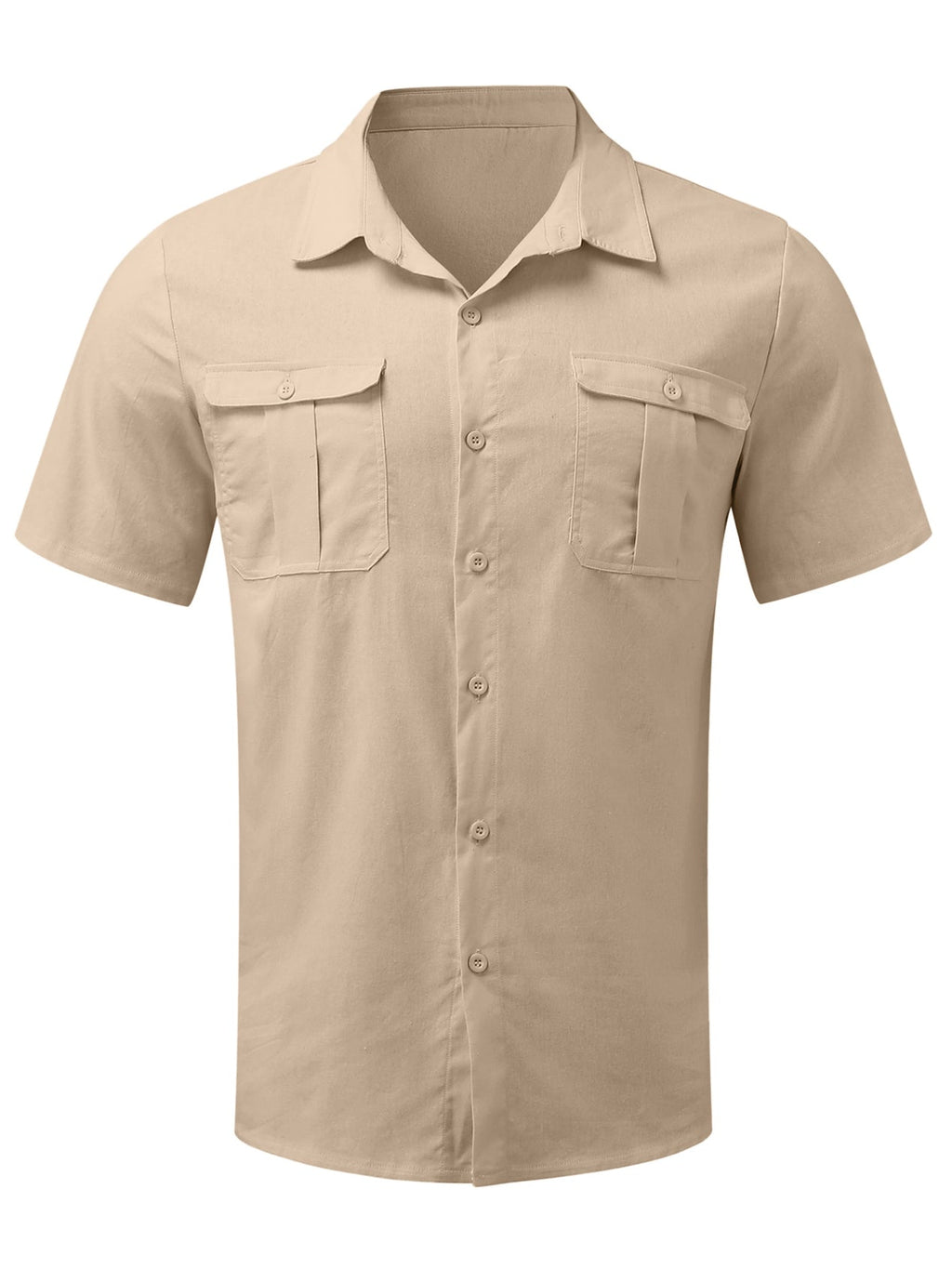 Mokaloha-Men's Solid Color Double Pocket Cotton Linen Casual Short Sleeve Shirt