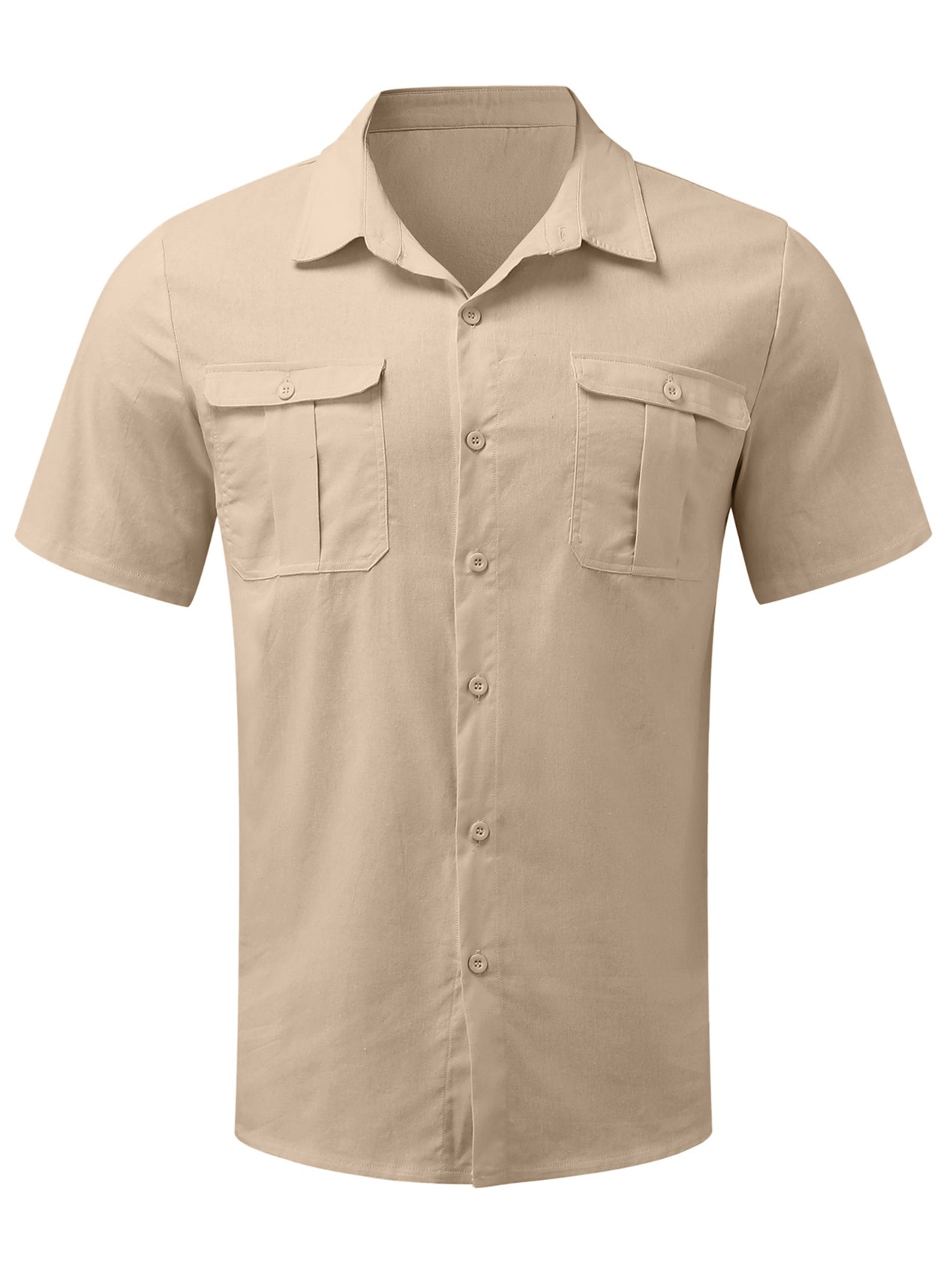 Mokaloha-Men's Solid Color Double Pocket Cotton Linen Casual Short Sleeve Shirt