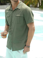 Mokaloha-Men's Solid Color Double Pocket Cotton Linen Casual Short Sleeve Shirt