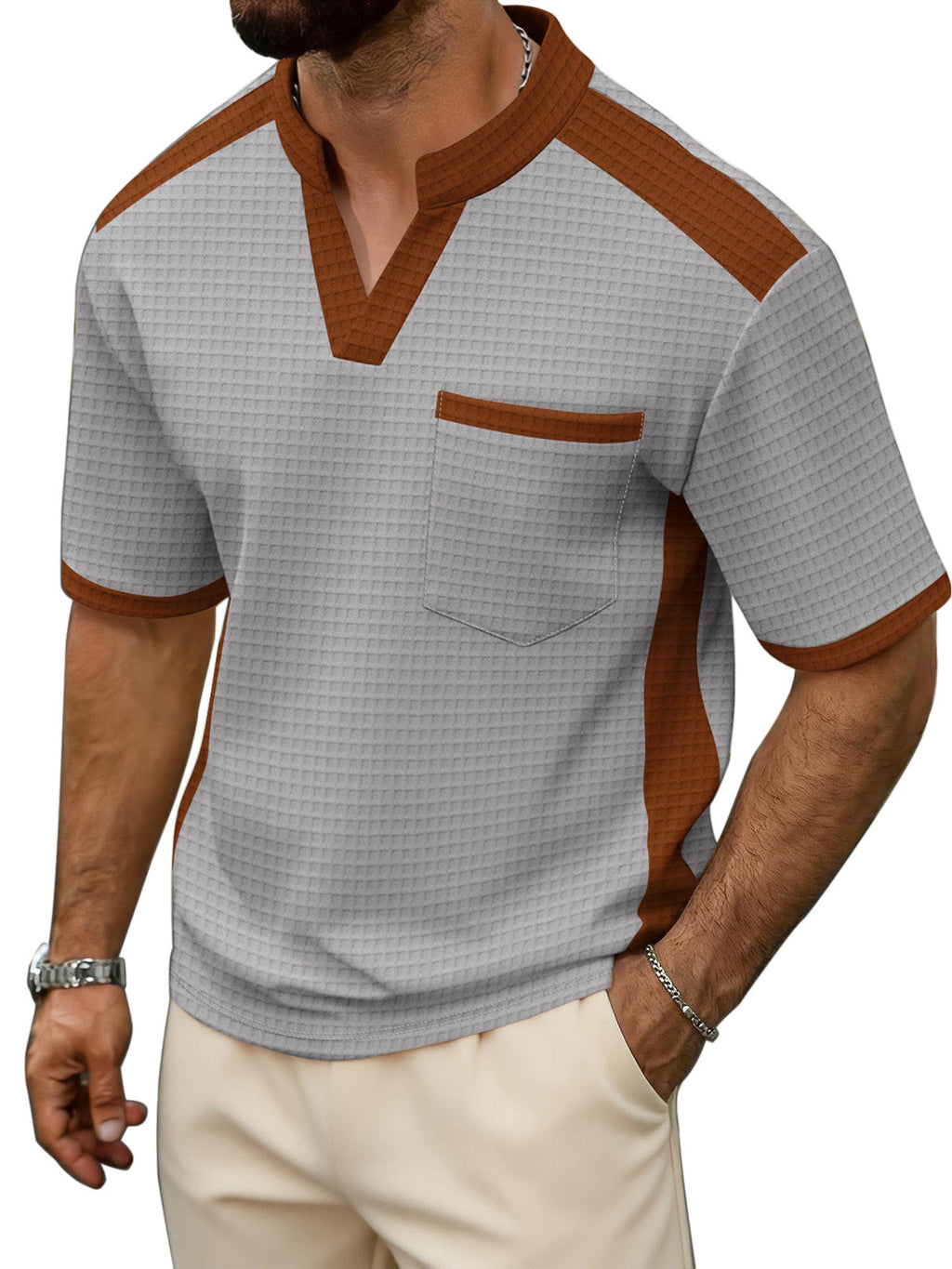 Men's Waffle Contrast V-neck Short Sleeve T-shirt