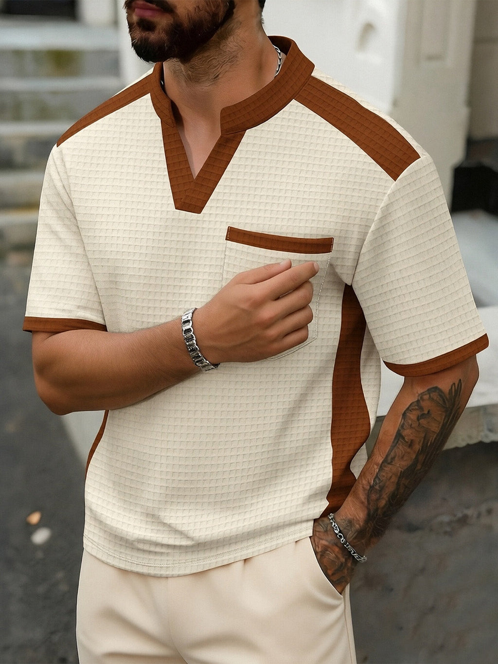 Men's Waffle Contrast V-neck Short Sleeve T-shirt