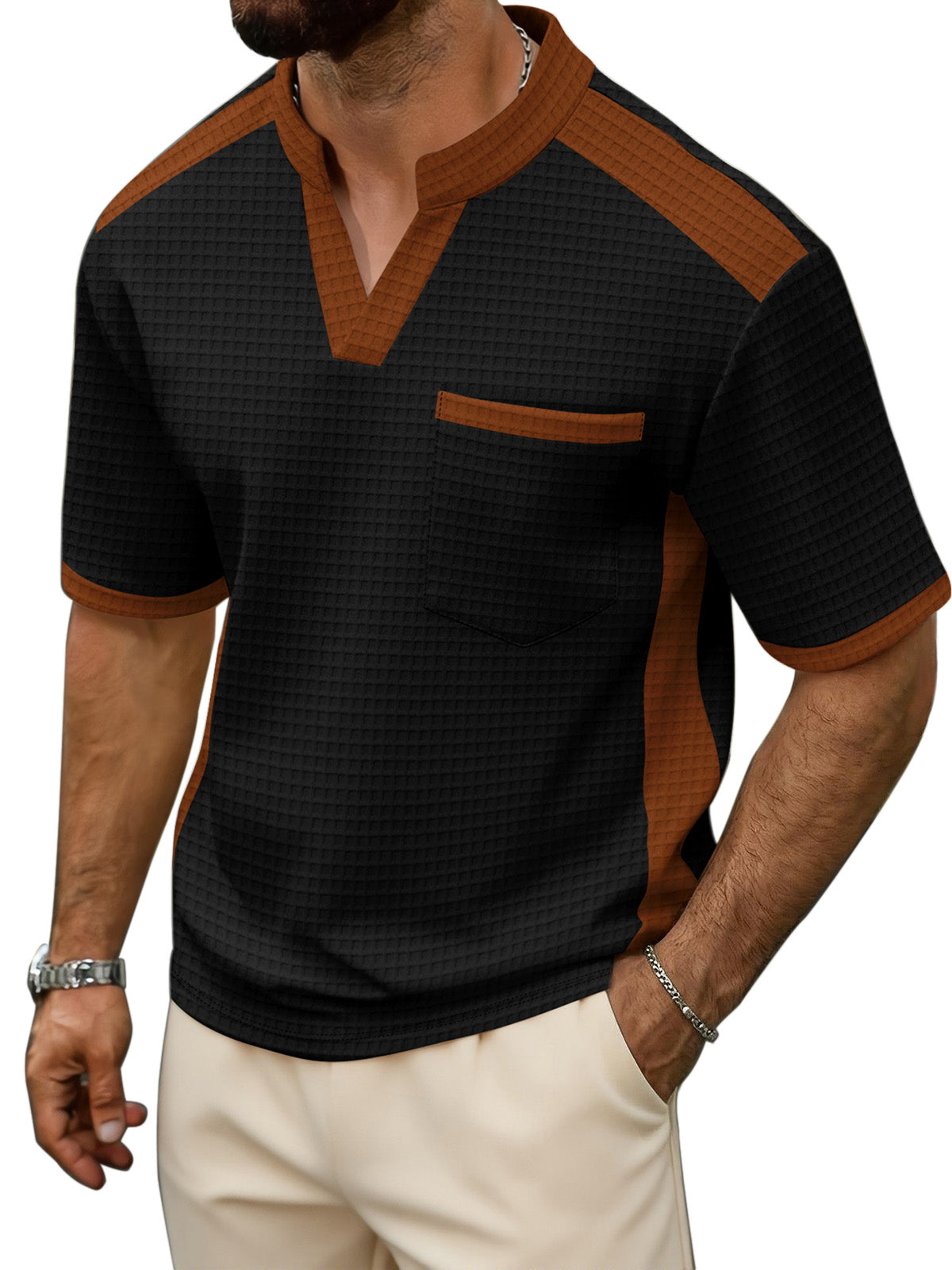 Men's Waffle Contrast V-neck Short Sleeve T-shirt