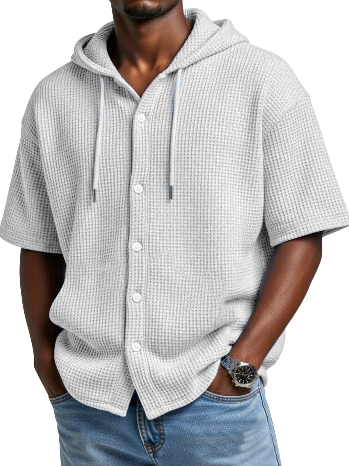 Everyday Casual Waffle Hooded Short Sleeve Button-Down Shirt