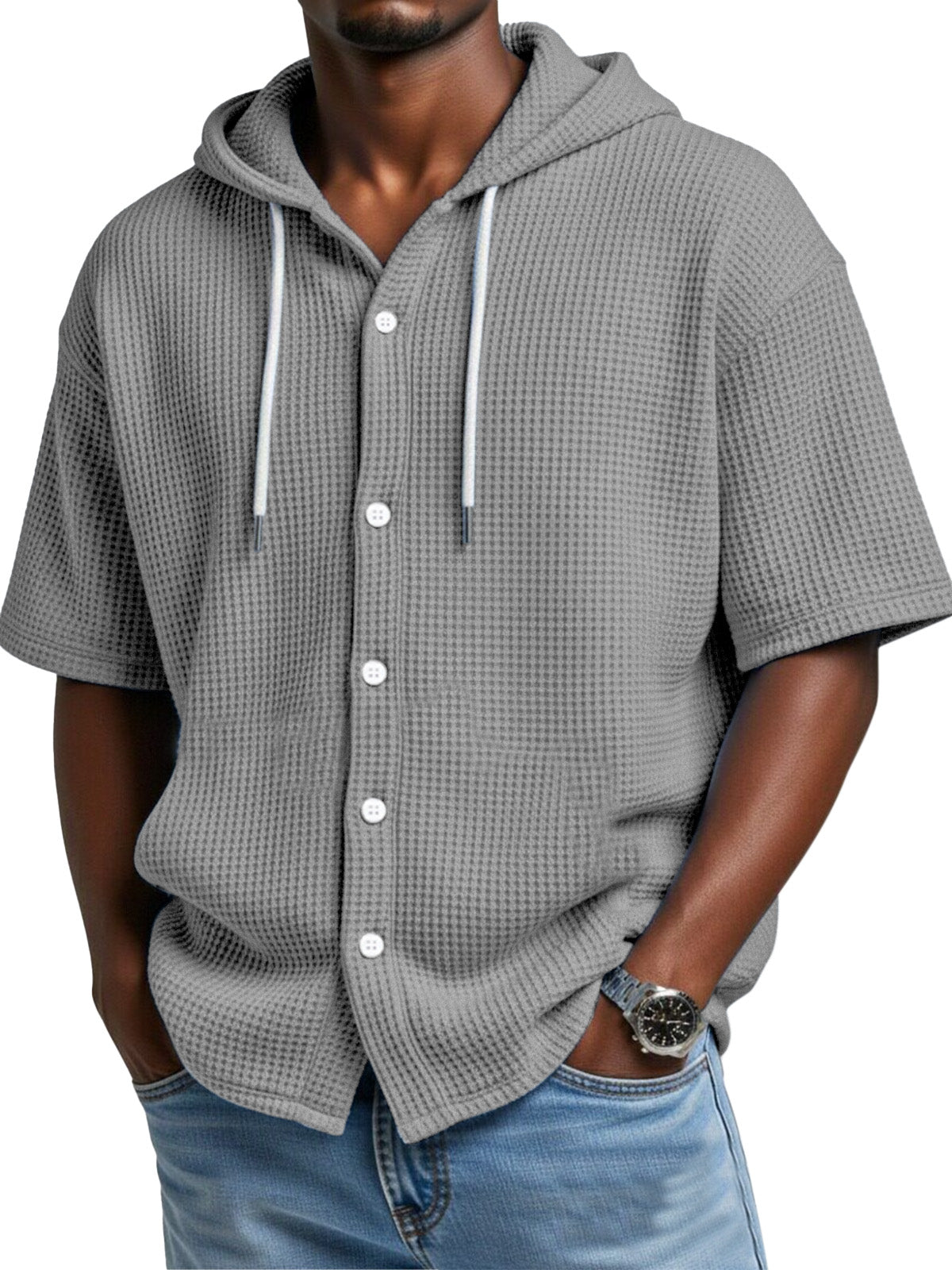 Everyday Casual Waffle Hooded Short Sleeve Button-Down Shirt
