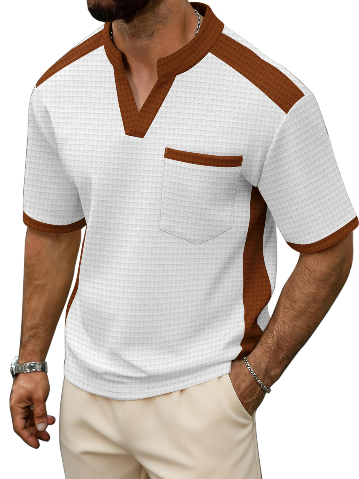Men's Waffle Contrast V-neck Short Sleeve T-shirt