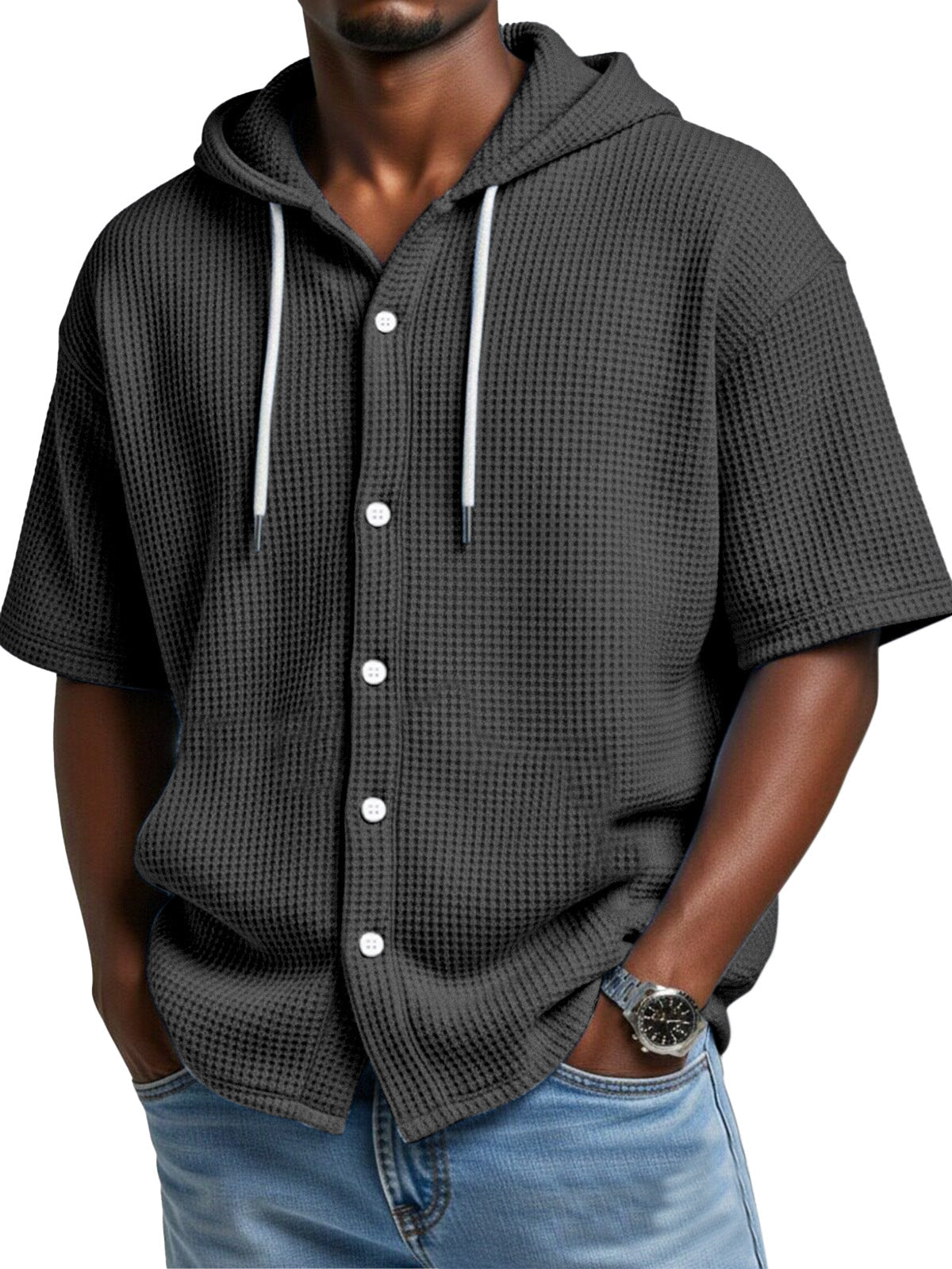 Everyday Casual Waffle Hooded Short Sleeve Button-Down Shirt
