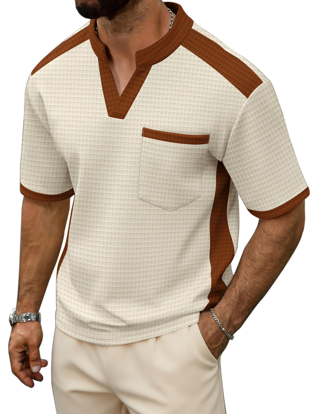 Men's Waffle Contrast V-neck Short Sleeve T-shirt