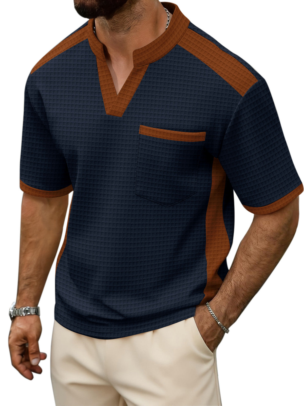 Men's Waffle Contrast V-neck Short Sleeve T-shirt