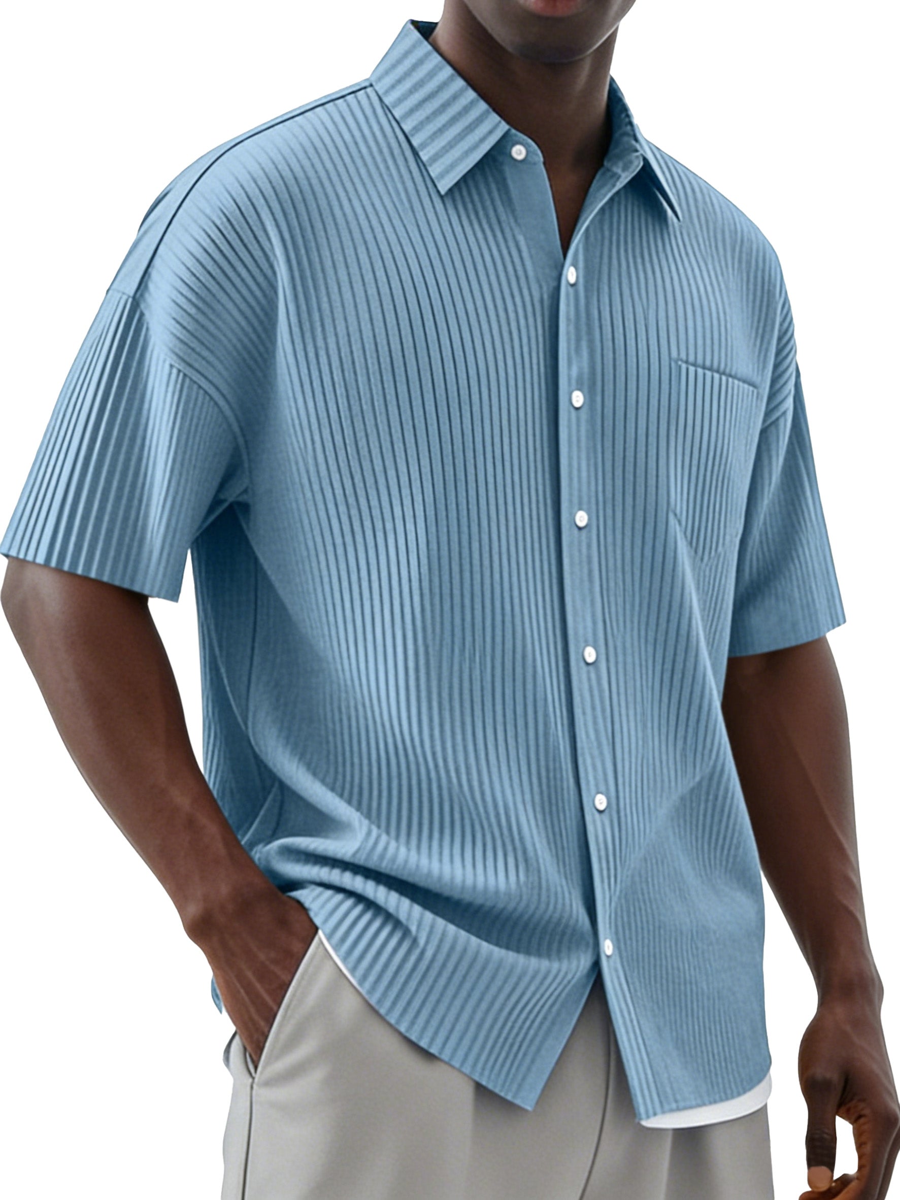 Men's Daily Simple Vertical Pit Lapel Button Short Sleeve Shirt