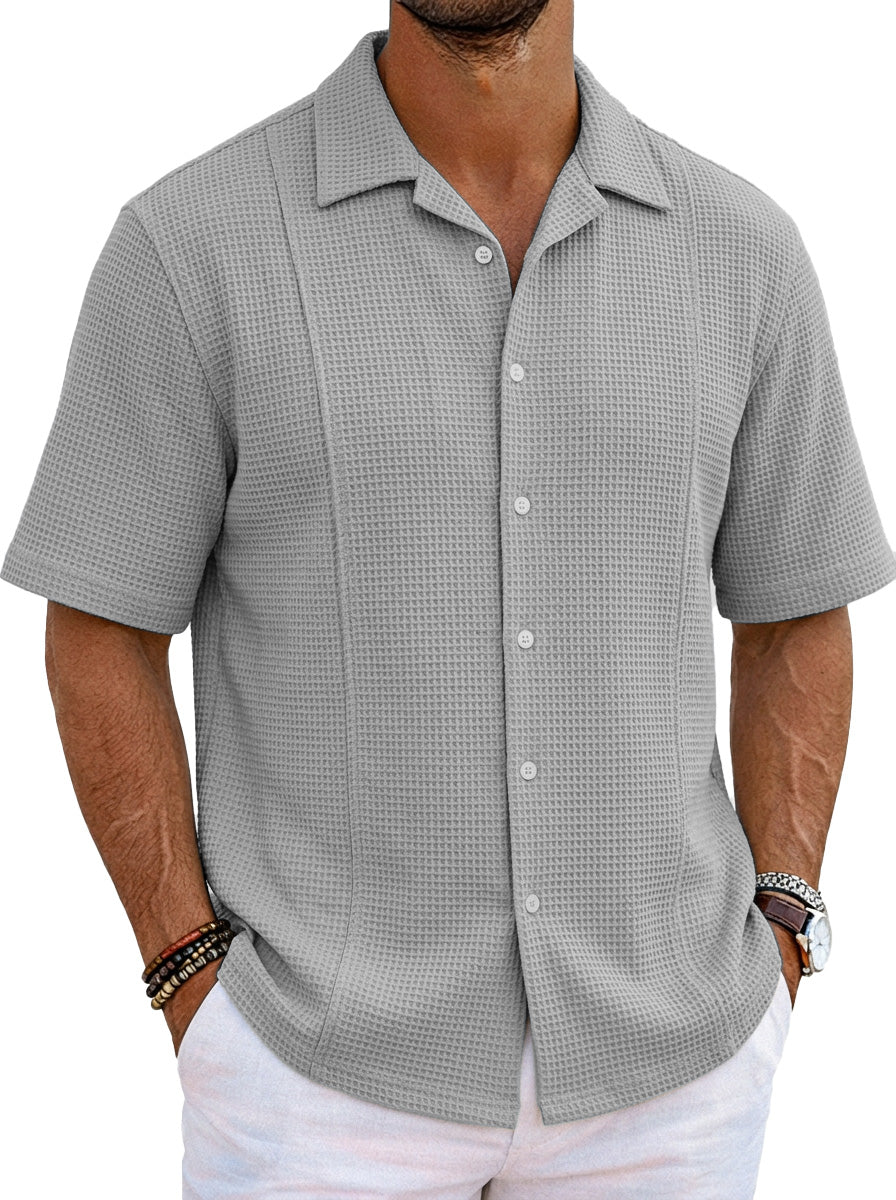 Men's Solid Color Casual Waffle Unstitched Design Cuban Collar Short Sleeve Shirt