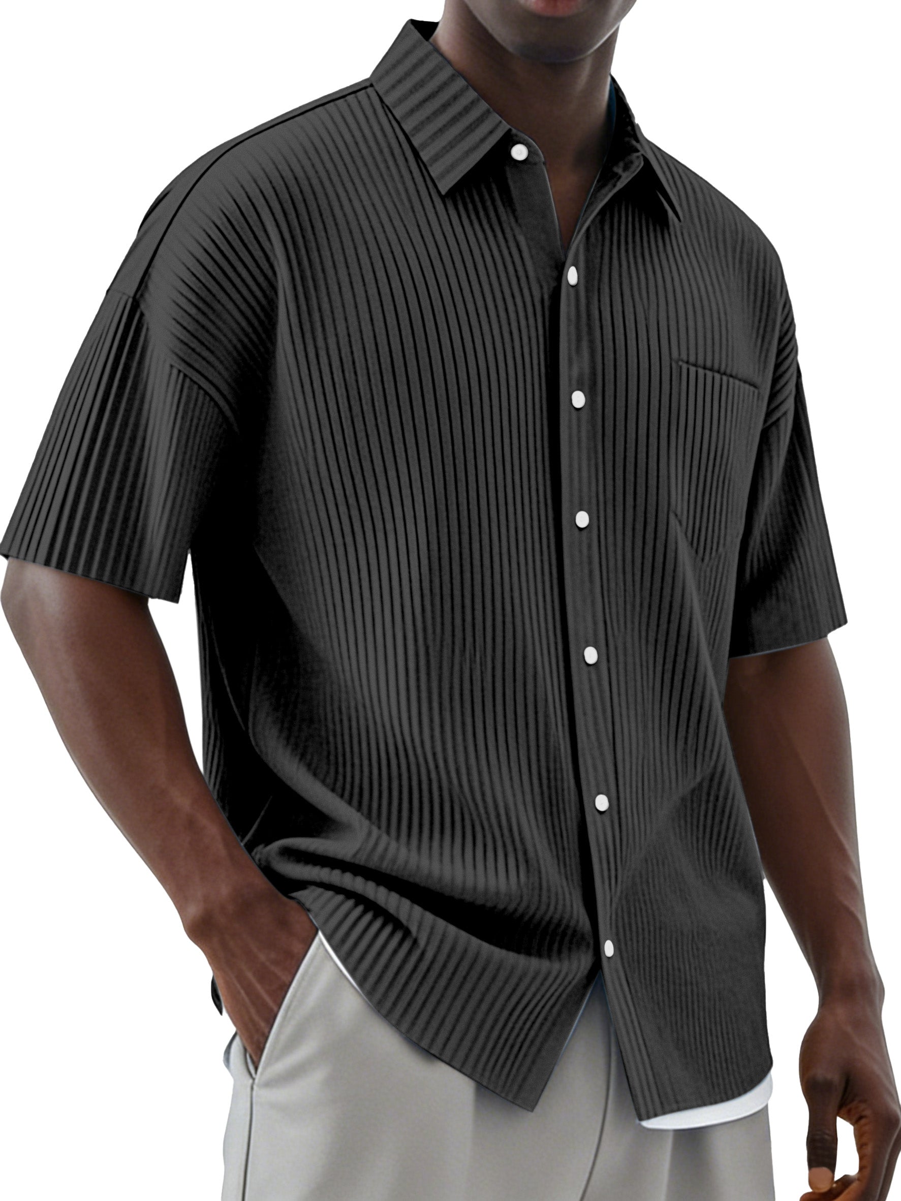 Men's Daily Simple Vertical Pit Lapel Button Short Sleeve Shirt