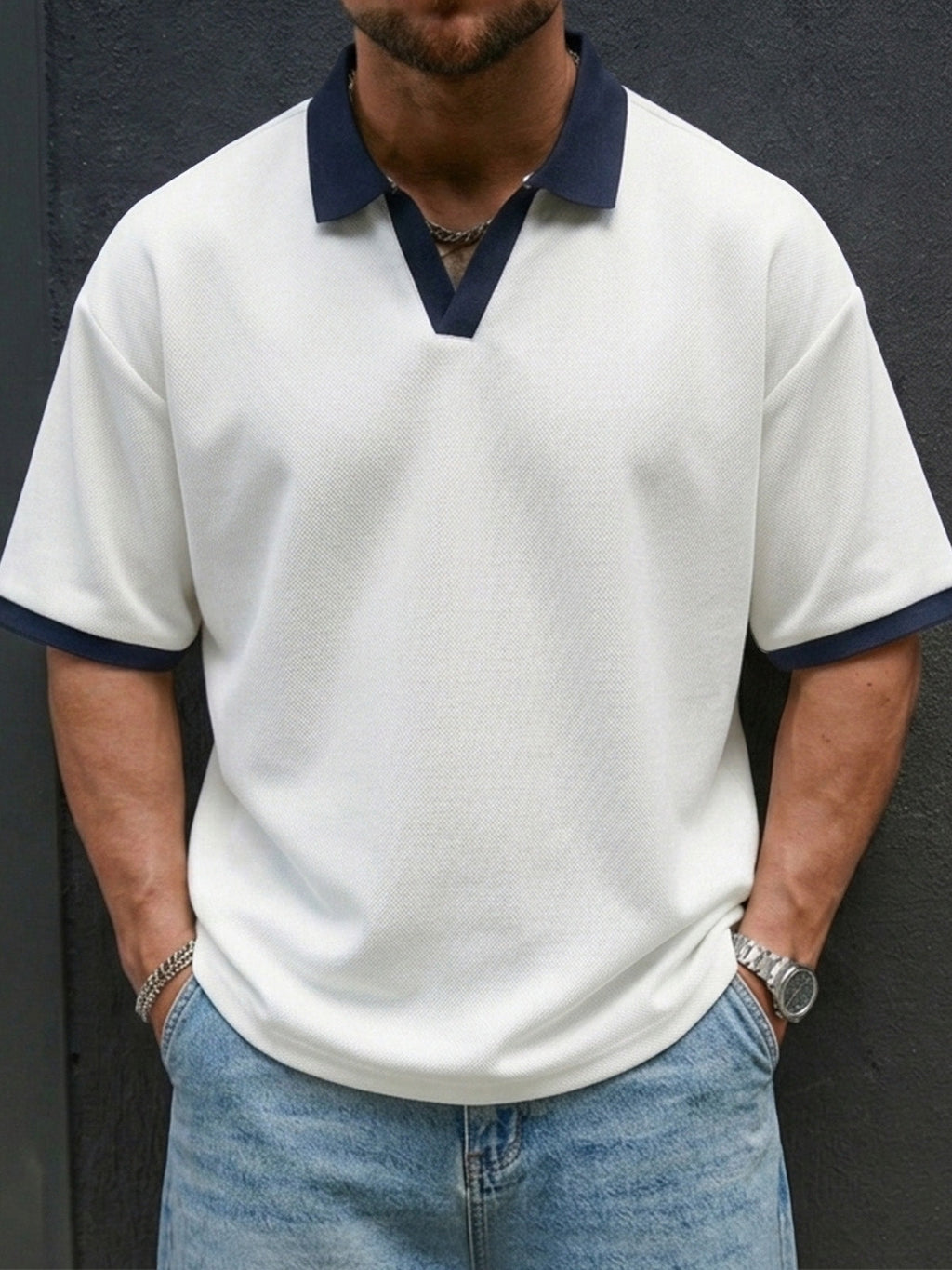 Men's Casual And Comfortable Contrast Color Seagull Collar Short Sleeve Polo Shirt