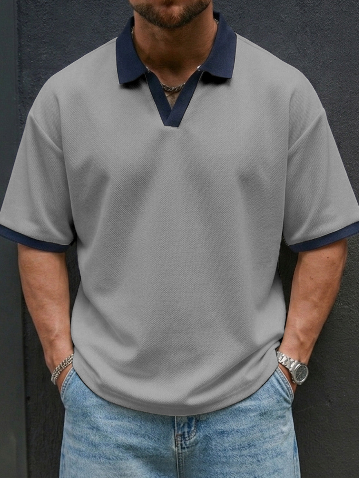 Men's Casual And Comfortable Contrast Color Seagull Collar Short Sleeve Polo Shirt