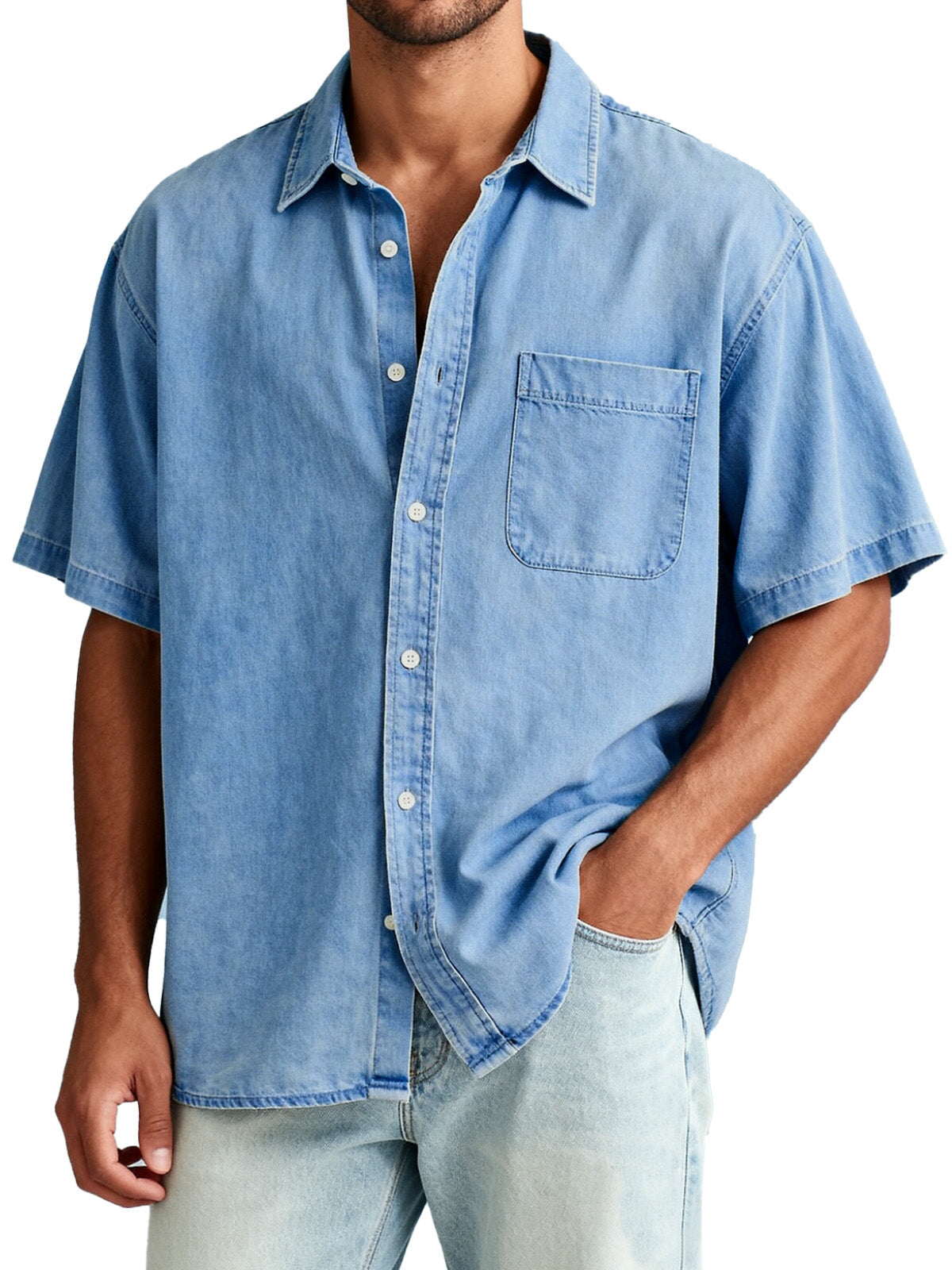 Men's American Retro Solid Color Short Sleeve Shirt with Pocket