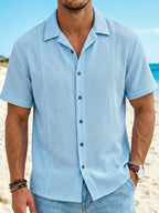 Men's Resort Casual Waffle Deconstructed Cuban Collar Short Sleeve Shirt