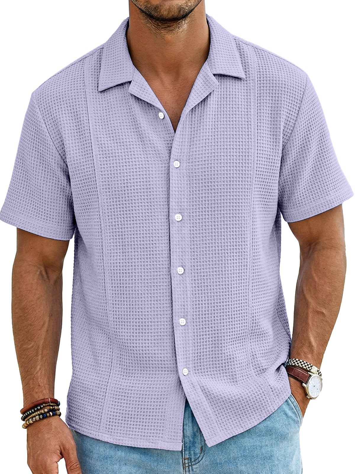 Men's Resort Casual Waffle Deconstructed Cuban Collar Short Sleeve Shirt