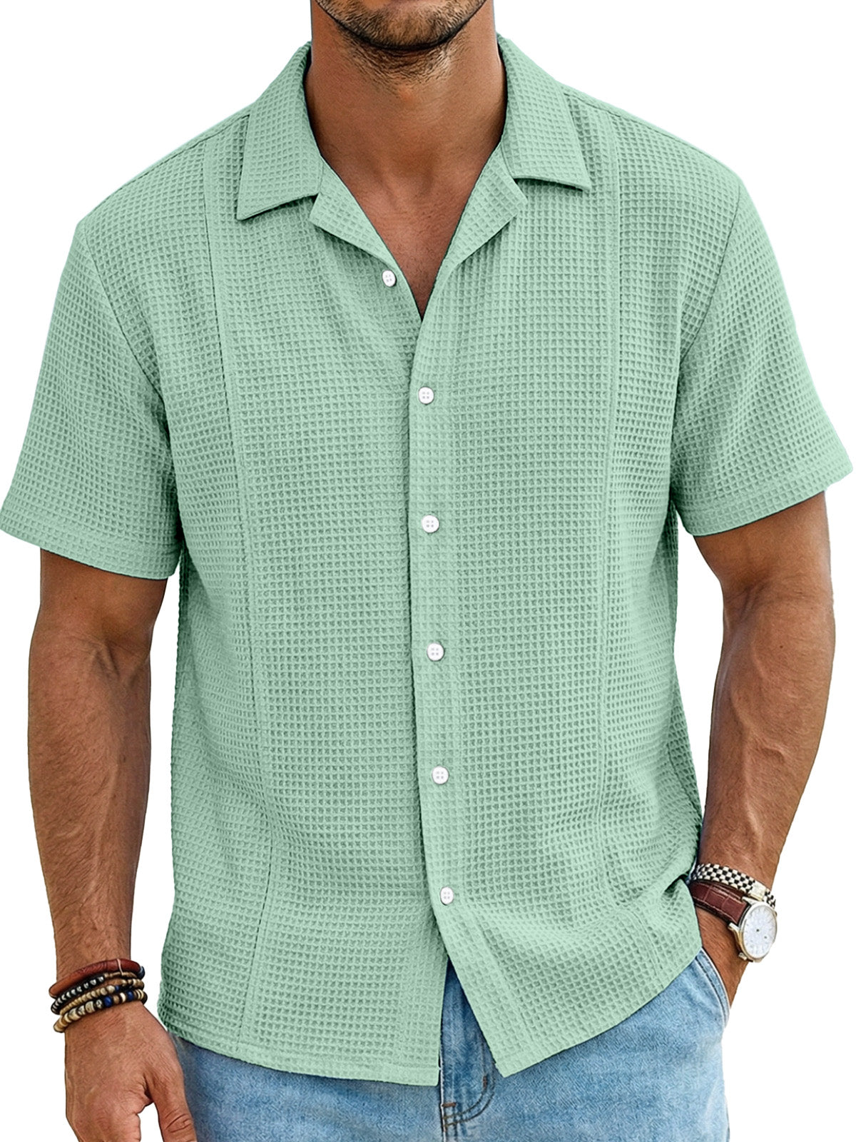 Men's Resort Casual Waffle Deconstructed Cuban Collar Short Sleeve Shirt