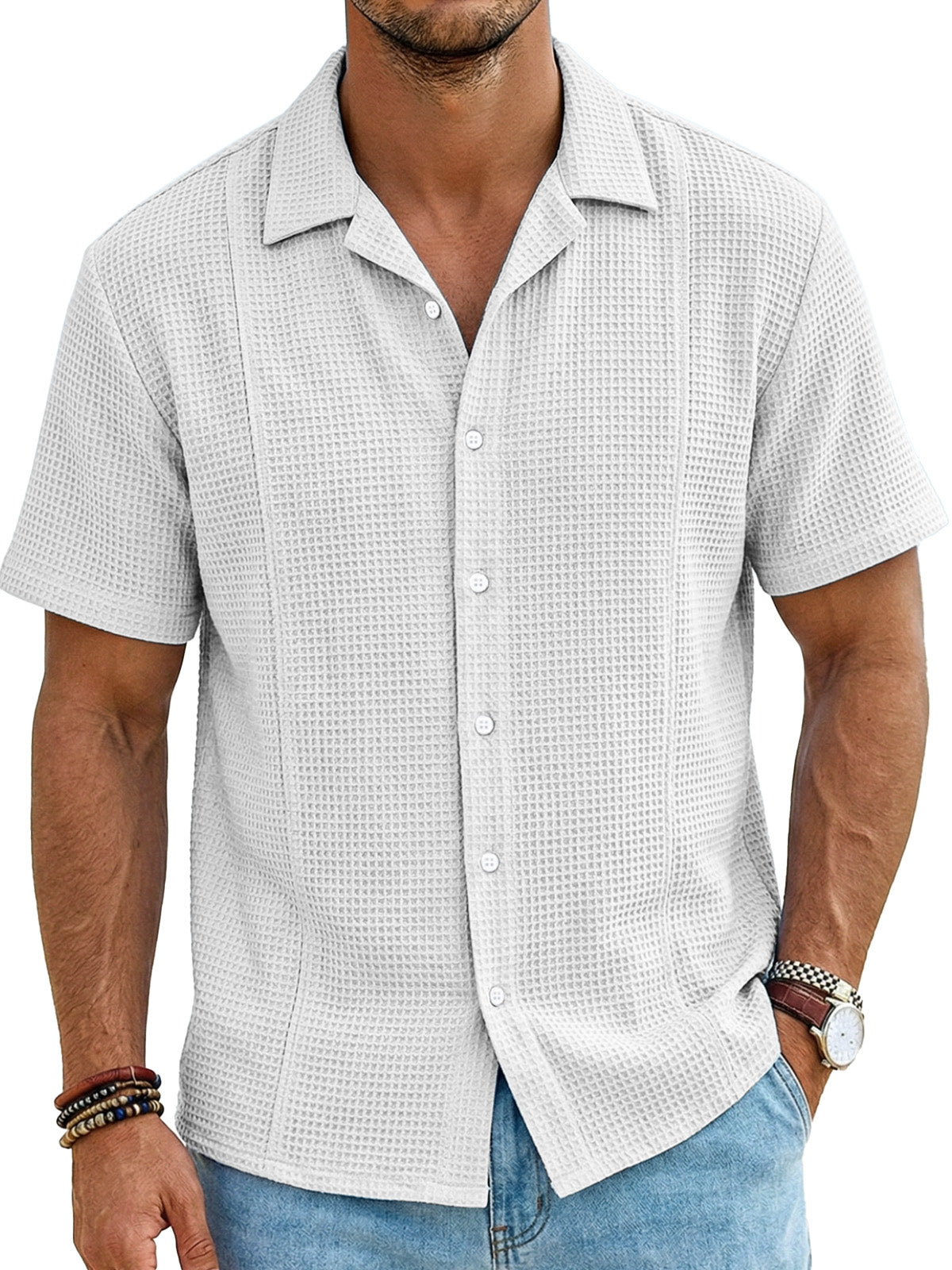 Men's Resort Casual Waffle Deconstructed Cuban Collar Short Sleeve Shirt