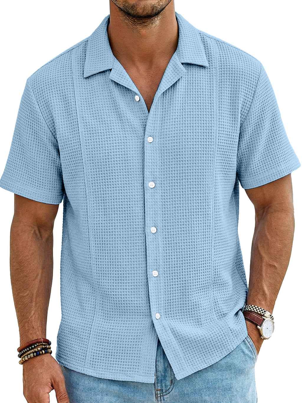 Men's Resort Casual Waffle Deconstructed Cuban Collar Short Sleeve Shirt